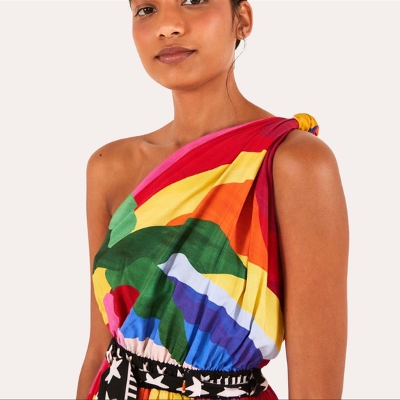 FARM RIO Wide Leg Flowy Jumpsuit One Shoulder Multicolor Print Size L - Picture 3 of 11